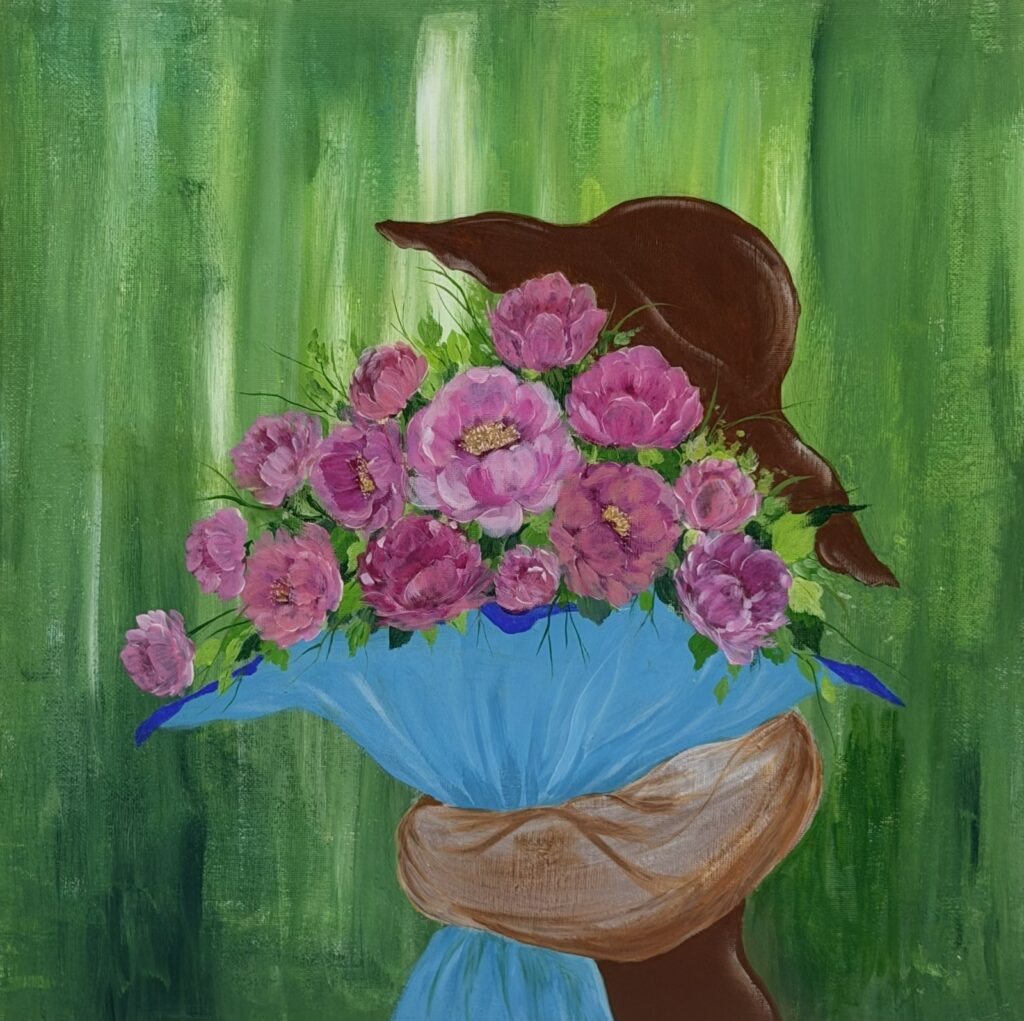 초록 배경 앞에 밀짚 챙모자와 분홍 작약 꽃다발을 포크아트 기법으로 그린 38×38cm 정사각 아크릴 정물화 정면.