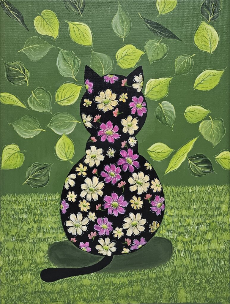초록 잎사귀와 잔디밭 배경 위에 들꽃으로 가득 채운 고양이 실루엣을 담은 31×41cm 아크릴 원화 정면.