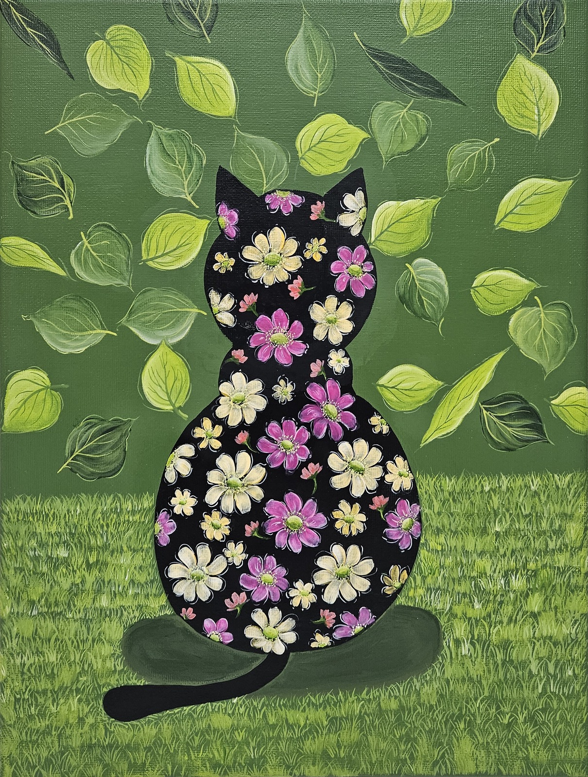 초록 잎사귀와 잔디밭 배경 위에 들꽃으로 가득 채운 고양이 실루엣을 담은 31×41cm 아크릴 원화 정면.